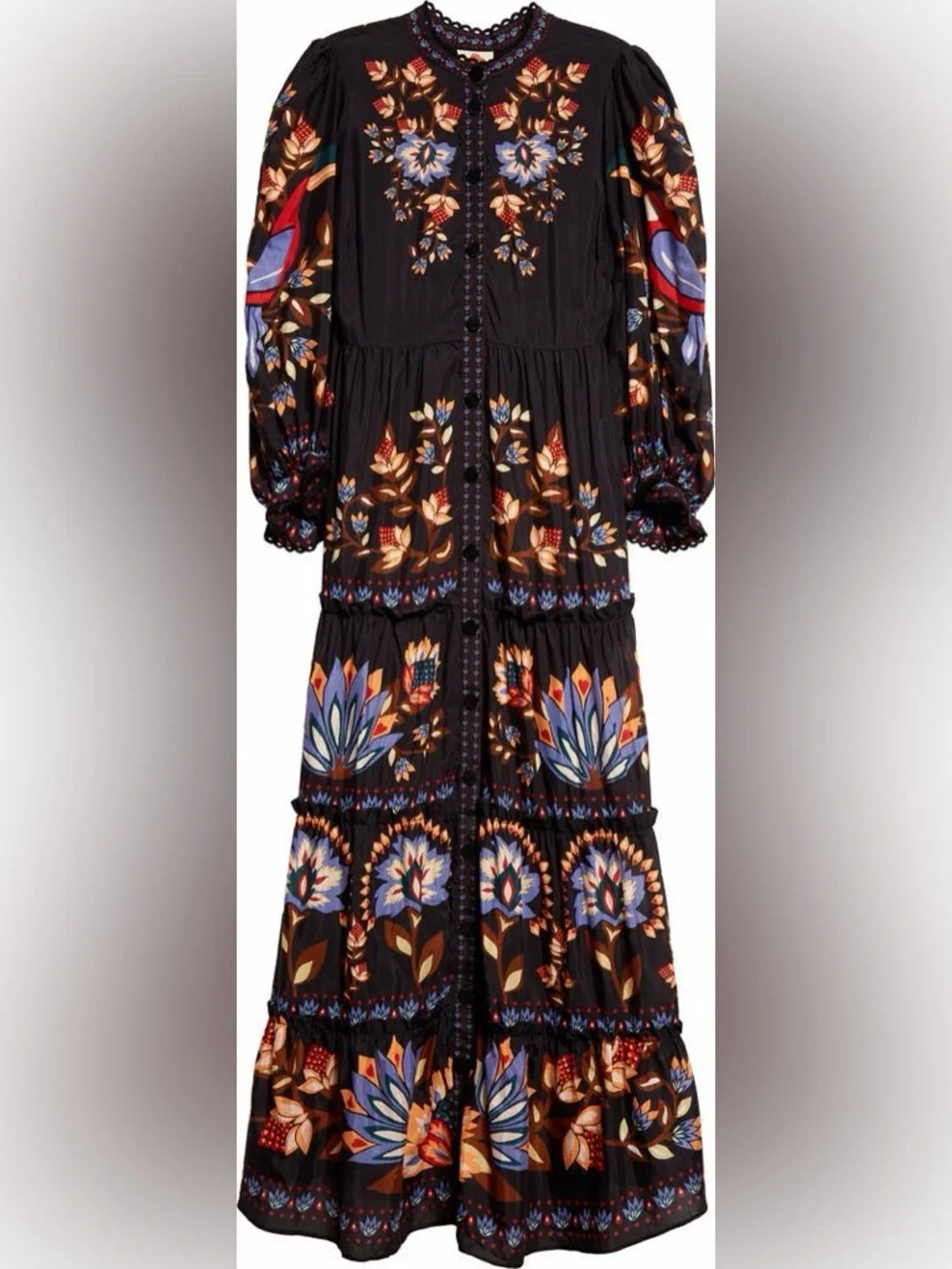 NEW FARM Rio Winter Garden Floral Print Tiered Puff Long Sleeve Maxi Dress Sz M - Picture 5 of 16